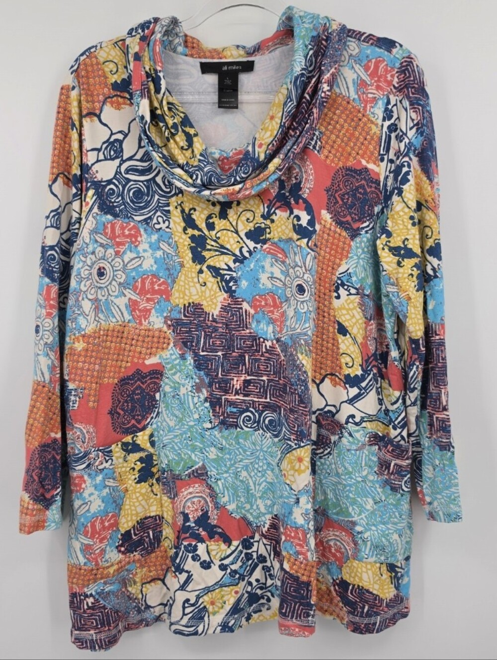 Ali Miles Long Sleeve Tunic Top Abstract Patchwork Print Large Multicolor